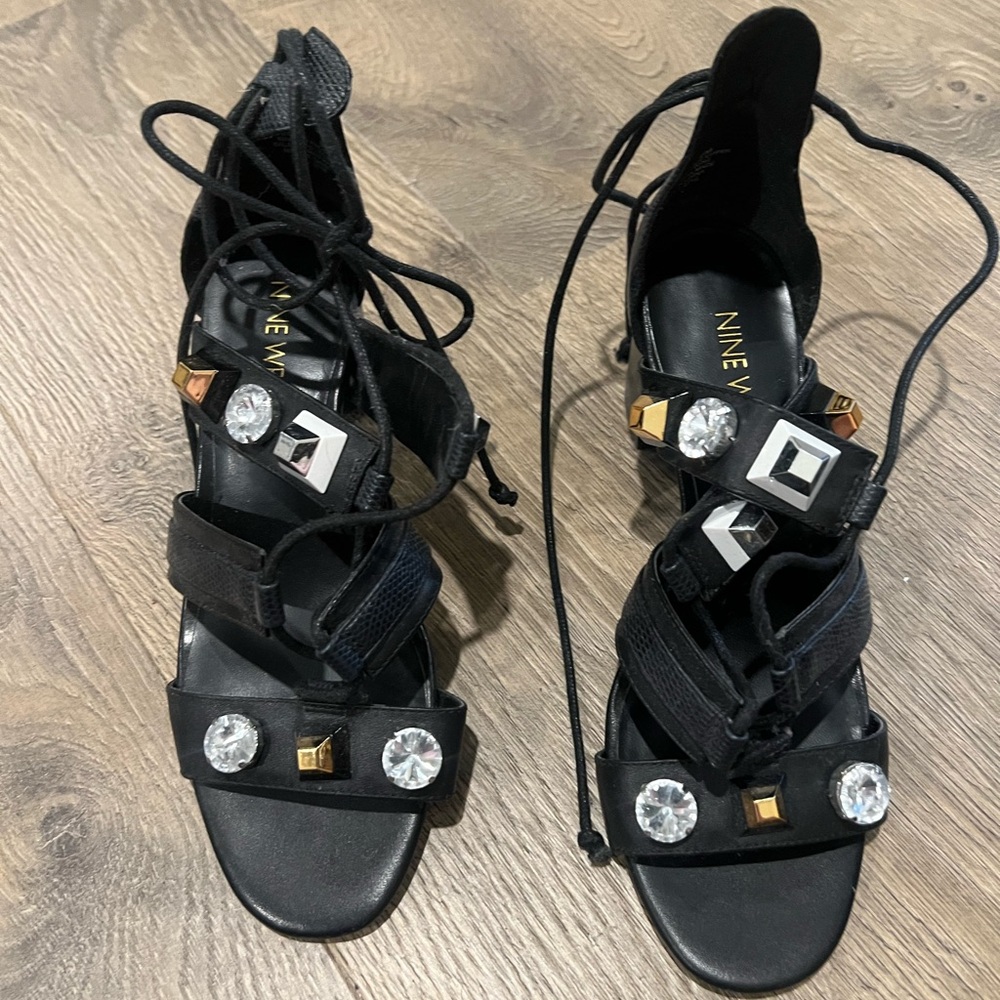 Nine West | Black Gold Studded Heeled Sandals | Size 6